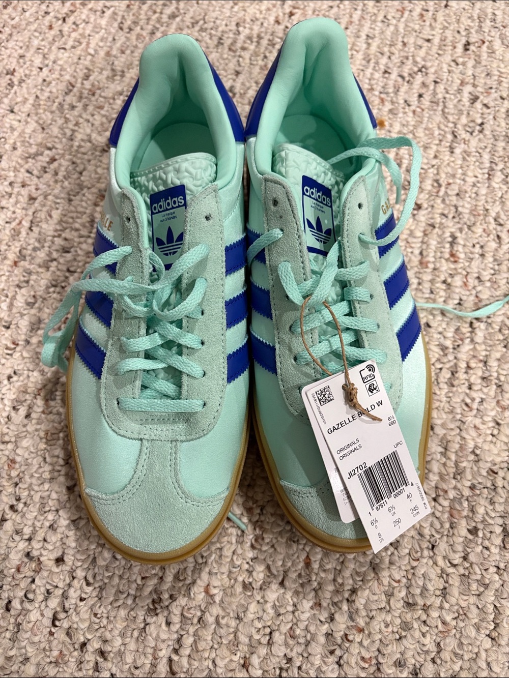 adidas Mint Green Gazelle Bold Sneakers with Blue Stripes